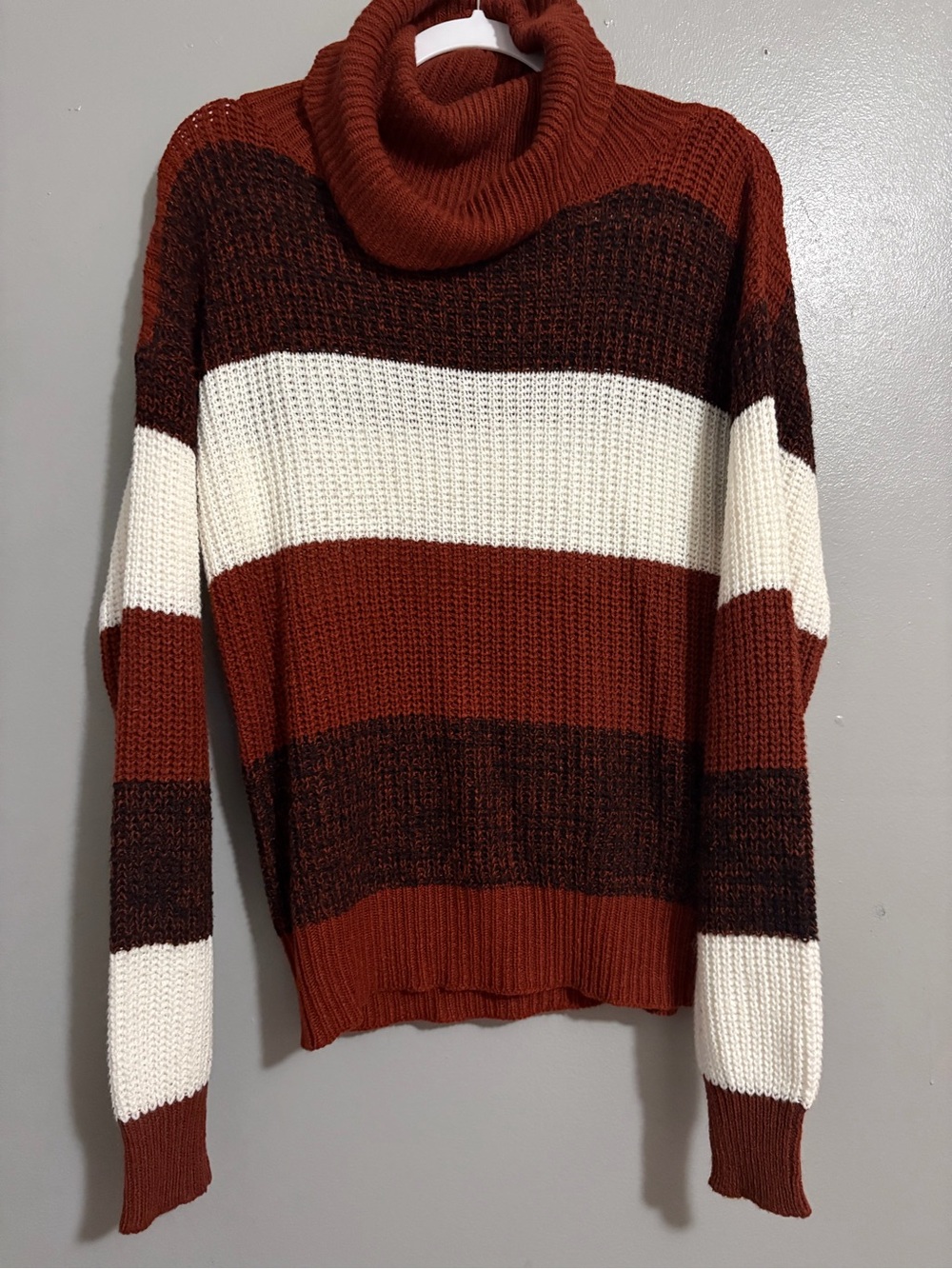 Striped Cowl Neck Sweater in Rust, Cream & Chocolate